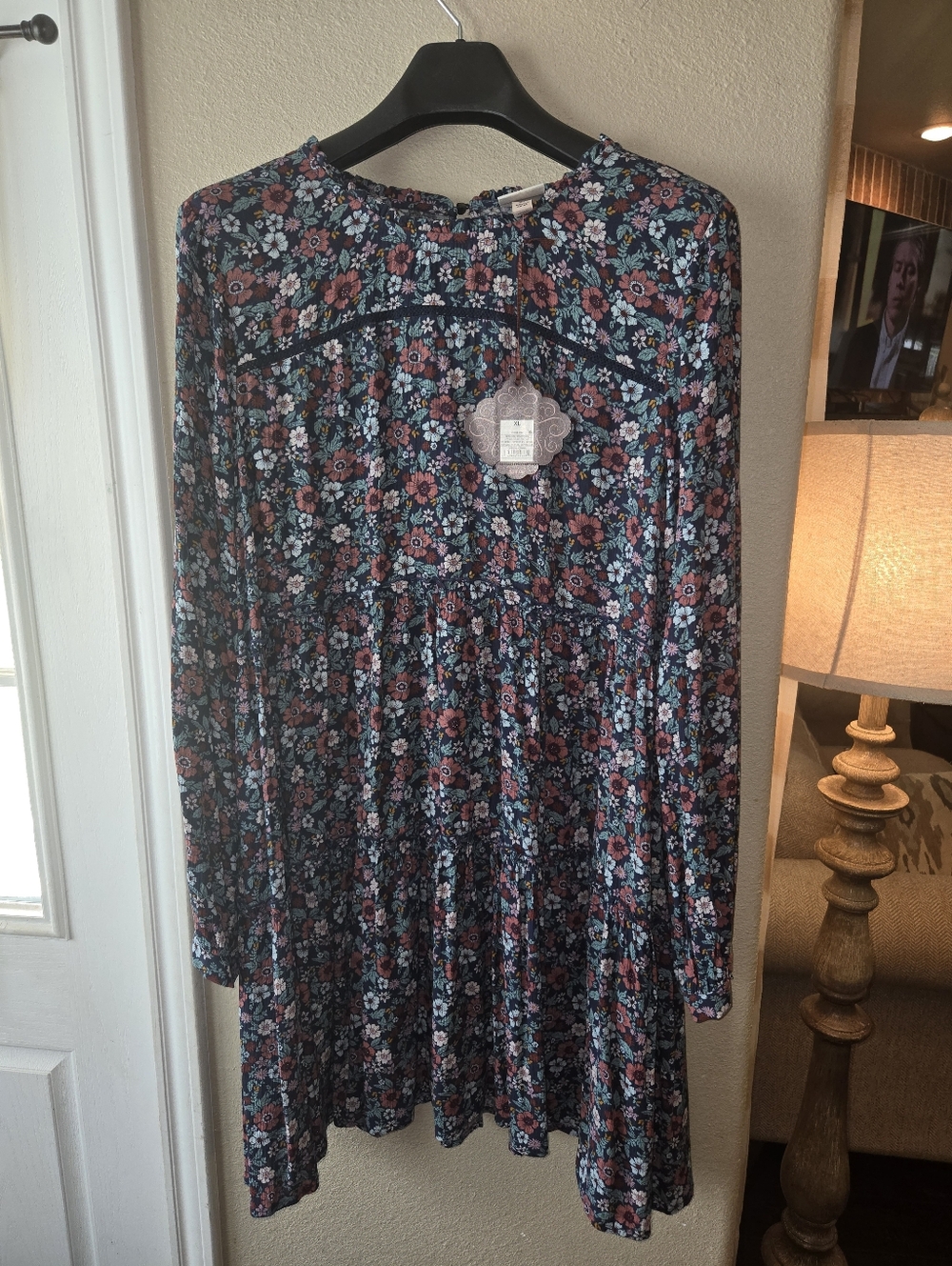 Knox Rose Navy Floral Long-Sleeve Tiered Mini Dress with Rose Accents